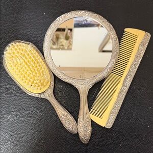Vintage Silver Vanity Set with Mirror, Brush, and Comb